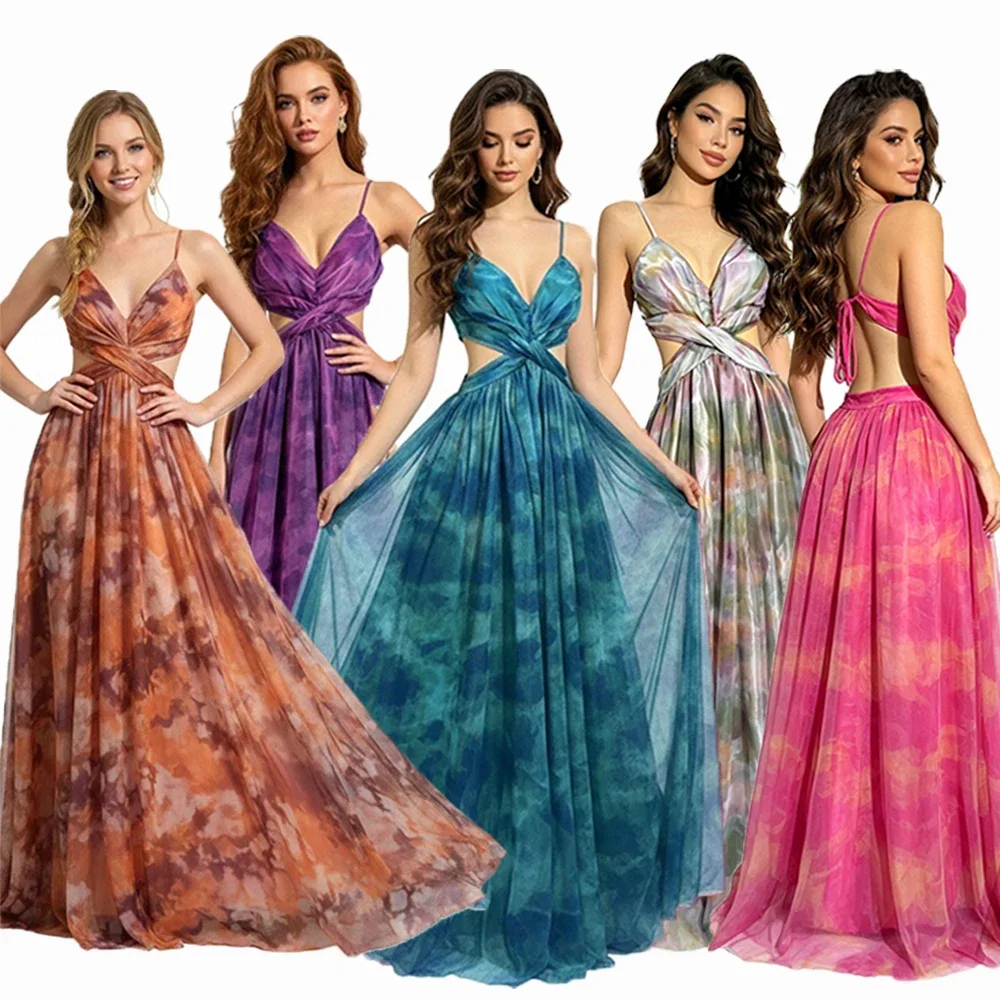 New Women's Tie-Dye Gradient Chiffon Long Evening Dress with Thin Straps, V-Neck, Hollow-Out, Waist-Cinching, Suitable for Banqu