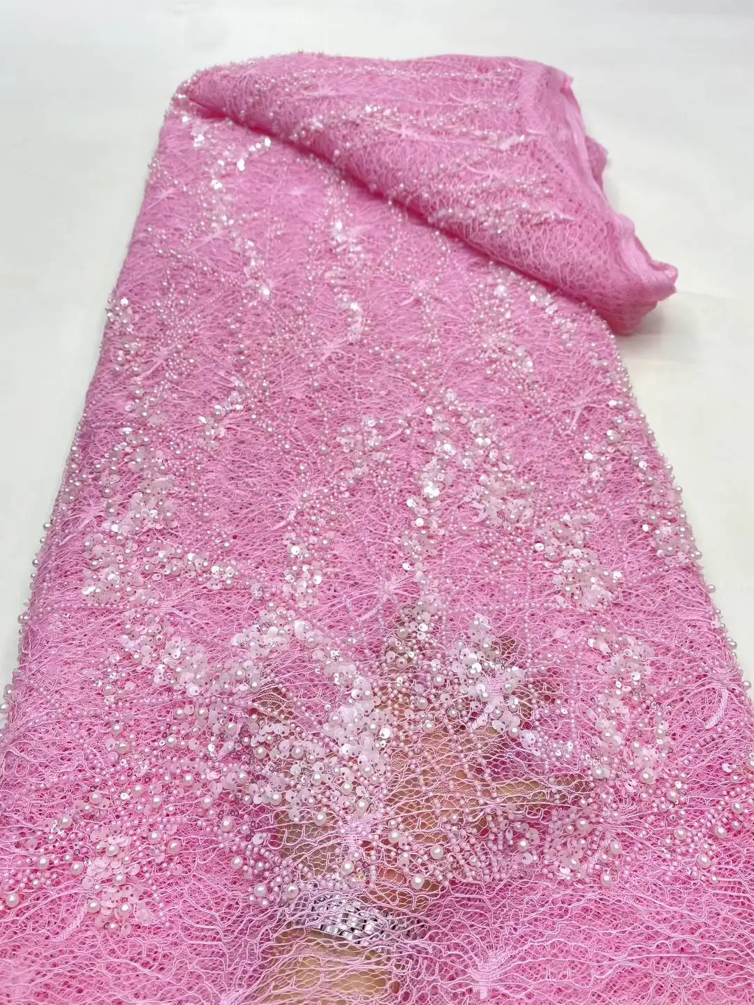 

Pink African Tulle Lace Fabric 2025 Embroidered Mesh Sequins High Quality 5Yards For Bridal Gowns Nigerian Evening Dresses