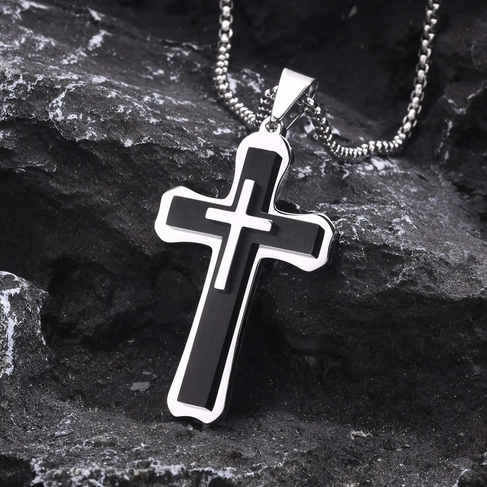 Mprainbow High-quality Cross Pendants Men Necklaces, Stainless Steel Gold Silver Color Layers Pendant,Faith Jewelry Gift