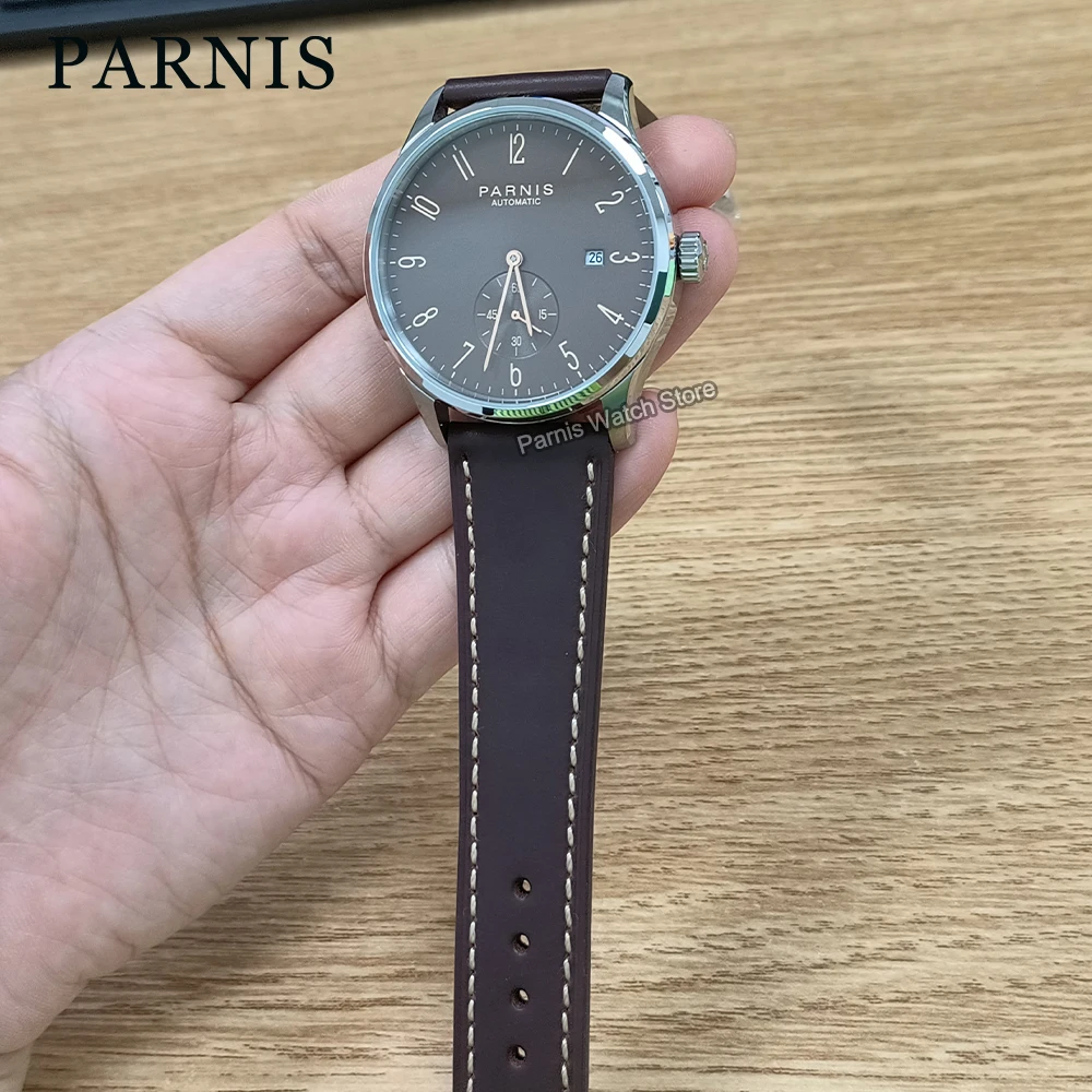 Parnis 41.5mm Automatic Movement Men's Boys Guy Casual Coffee Dial Leather Strap