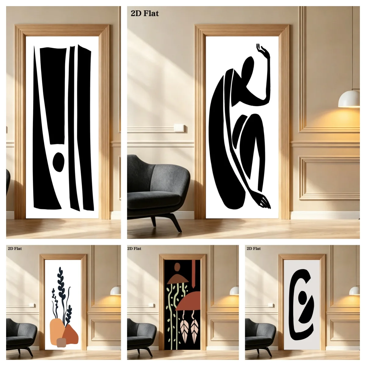 Abstract Black Silhouette Boho Door Sticker Full Door Covered Wallpaper Self-adhesive Sticker for Wall Decals Home Decoration
