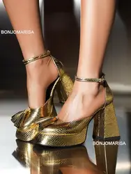 Sandały na platformie dla kobiet Pasek na kostkę Chunky Heel Gold Silver Bling Sandały Moda Sexy Marry Jane Shoes 2023, wiosna Brand New