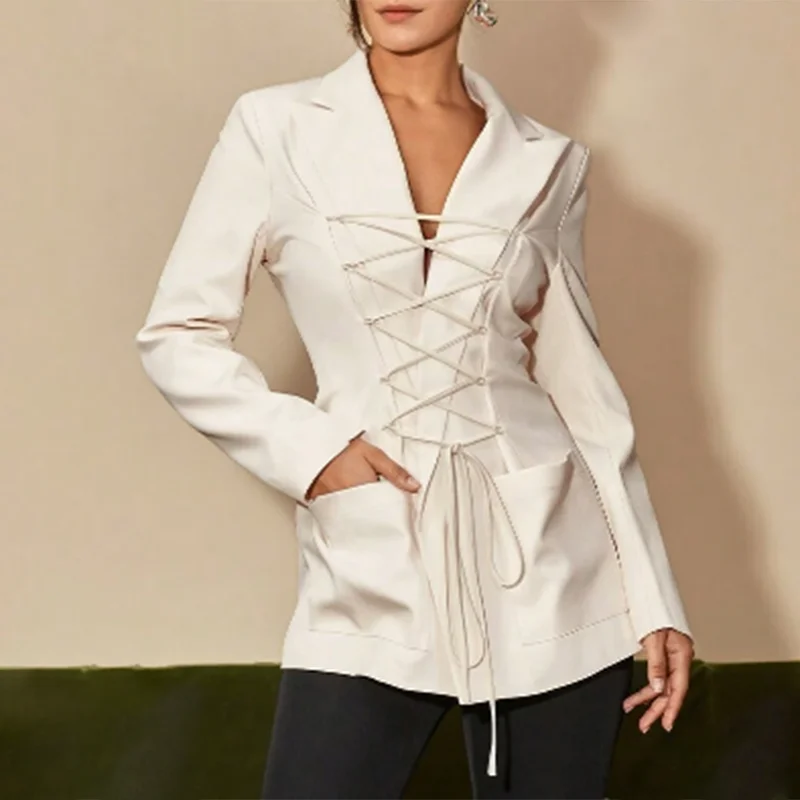 BPN Solid Minimalist Casual Blazers For Women Notched Collar Long Sleeve Spliced Drawstring Slimming Blazer Female Fashion New