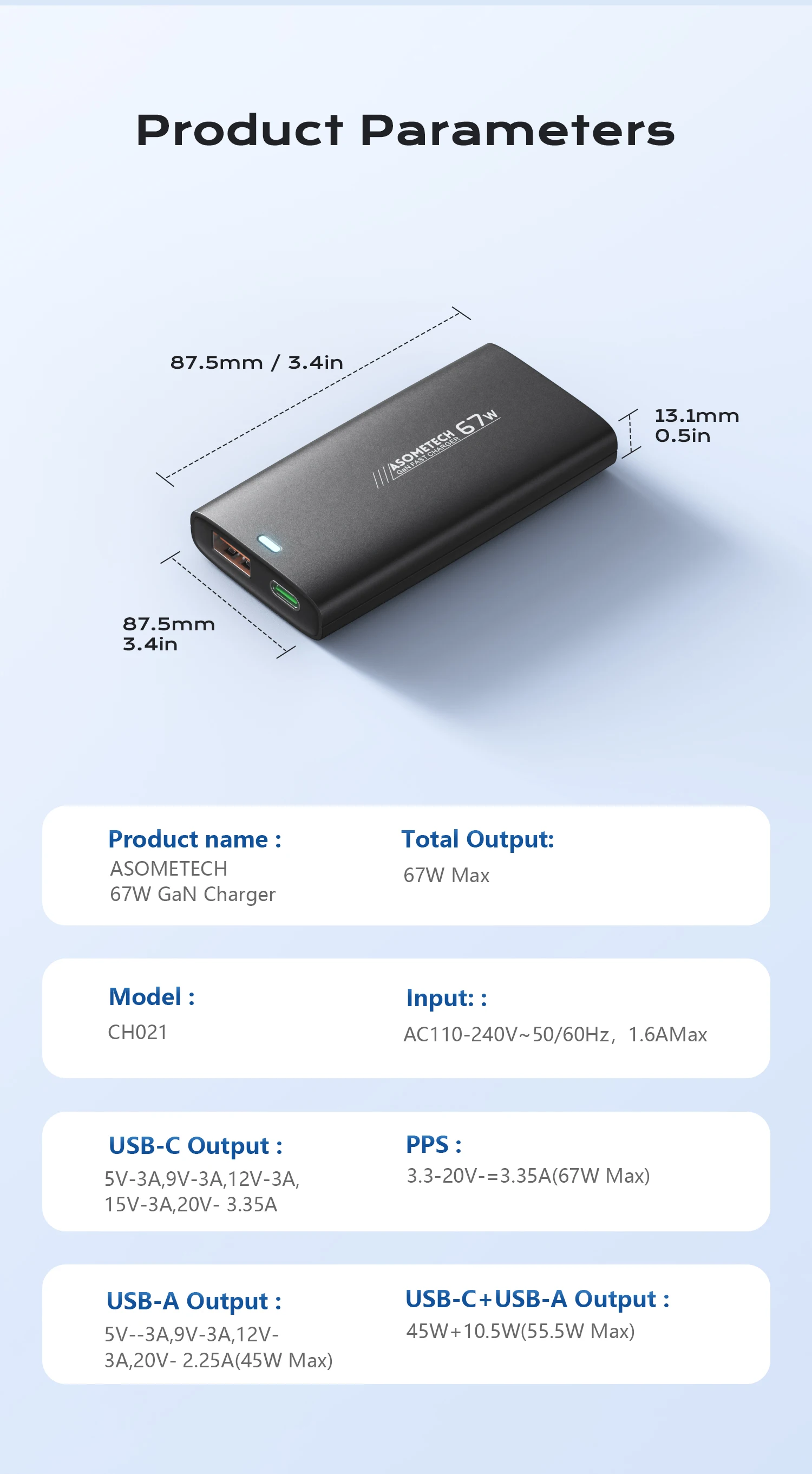 67W GaN USB-C-Ladegerät, schnelles Laden 4.0, PD3.0, PPS, tragbares, ultradünnes Typ-C-Ladegerät für iPhone, Samsung, Macbook, Laptop – Detail 14