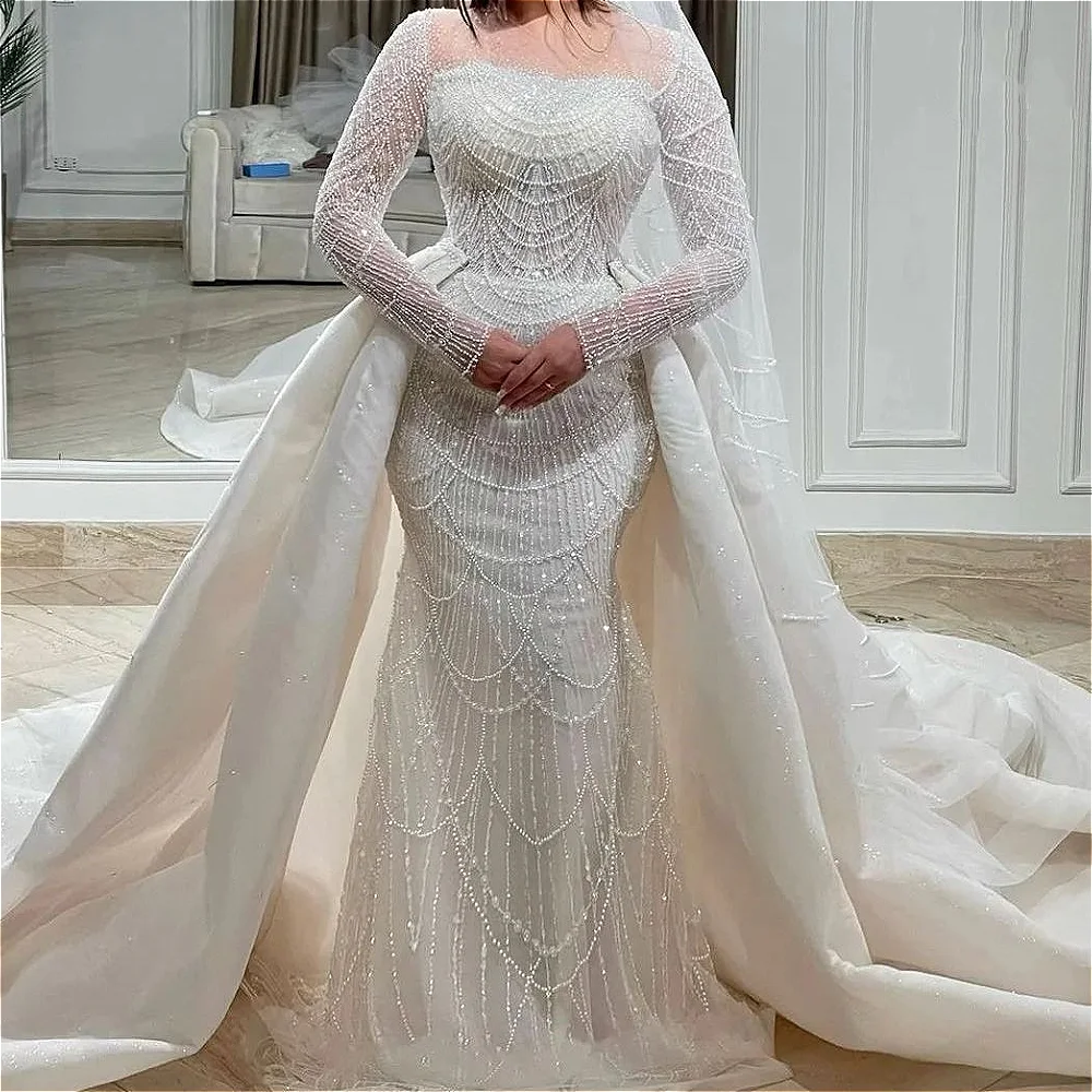 Luxury White Pearls Wedding Dresses Fashion Long Sleeves Shiny Sequins Beaded Gowns Detachable Train Mermaid Bride Dresses