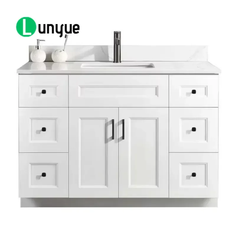 Modern White Swing Bathroom Vanity Set Quartz Countertop Undercounter Sink Storage Drawers Doors Black Hardware Elegant