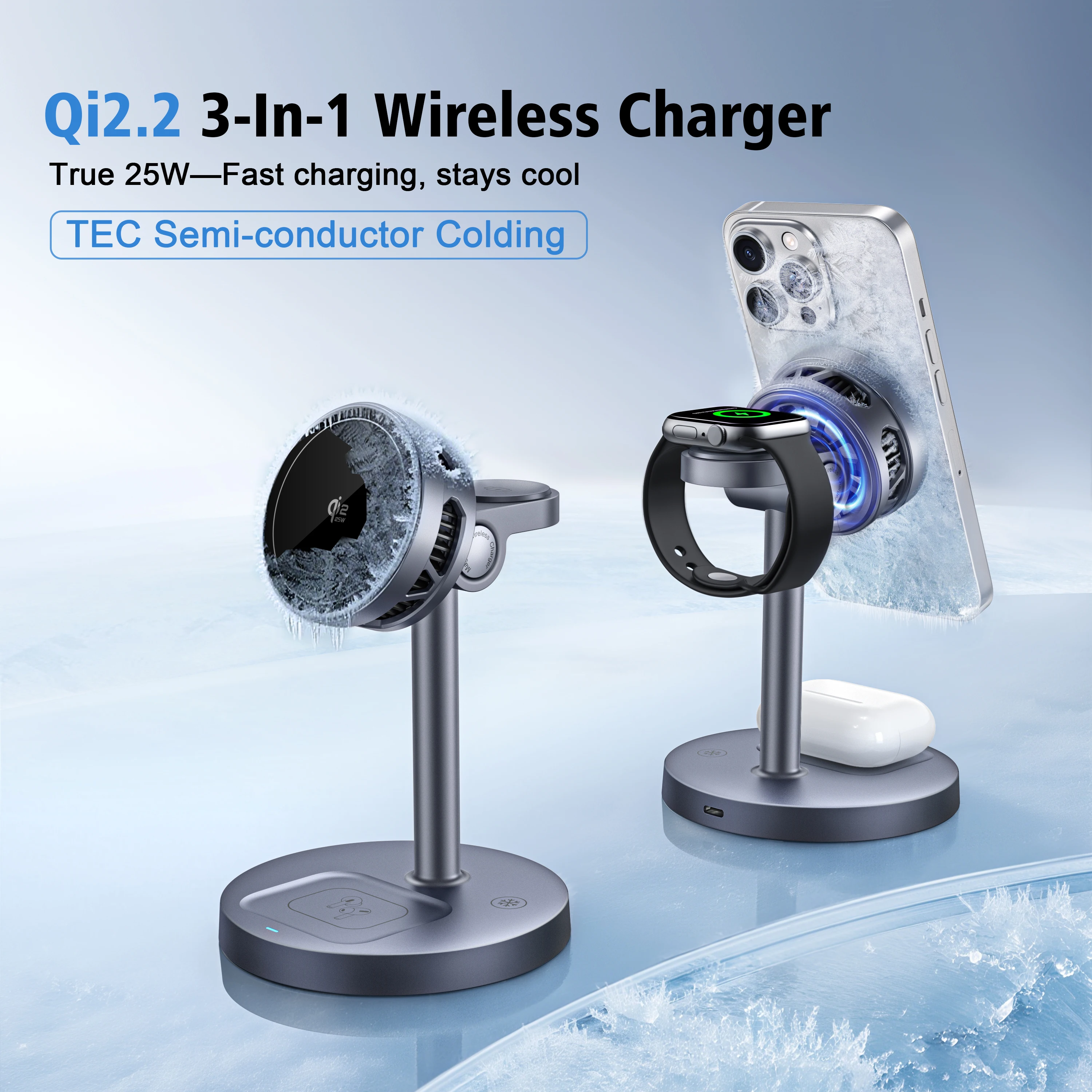 2025 3 في 1 حامل شاحن لاسلكي مغناطيسي TEC تبريد Qi2 شحن سريع لهاتف iPhone 17 16 15 Pro Max Apple Watch 2-8 SE Airpods