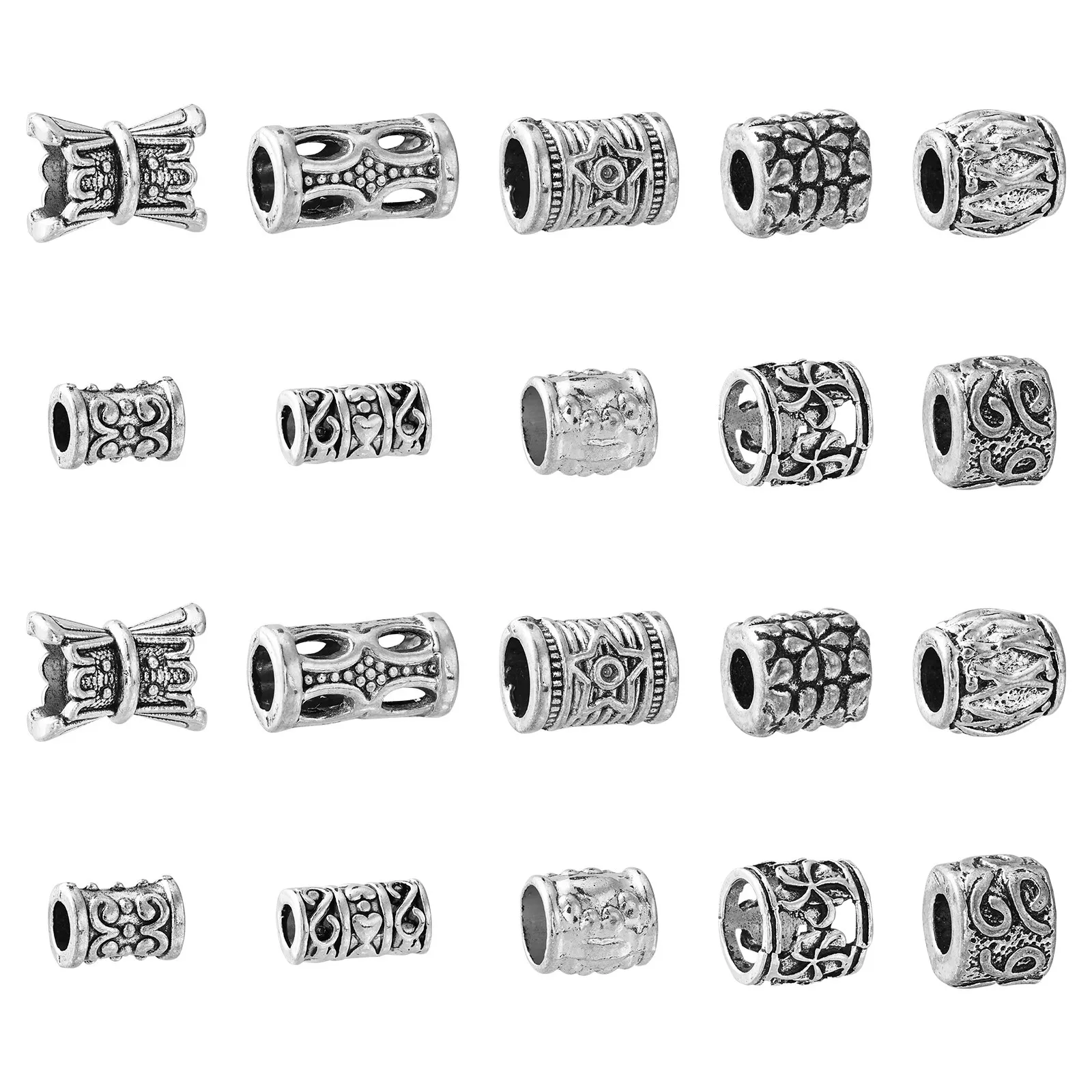 

100Pcs 10 Styles Antique Silver Straight Tube Spacer Beads Large Hole Tibetan Style Beads for Necklace Hair Clasp Making