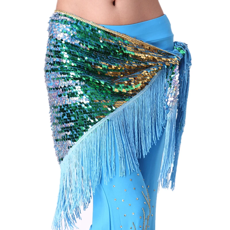 ใหม่16สี Belly Dance เสื้อผ้าอุปกรณ์เสริมยาวพู่สามเหลี่ยมเข็มขัด Belly Dance สะโพกผ้าพันคอเลื่อม Hip เข็มขัดสำหรับสตรีสีฟ้า