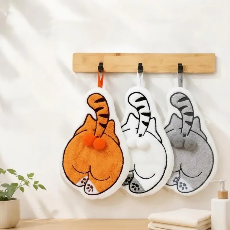 Cute Cat Butt Shaped Hand Towel Quick Absorbent Soft Coral Fleece for Kitchen Bathroom Guest Room Use