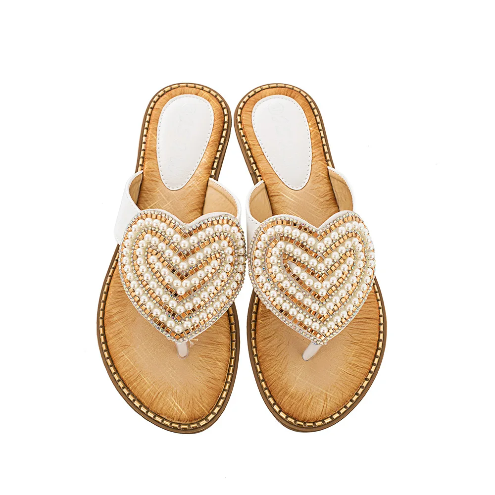 Flip Flops Women's Rhinestone Pearls Heart Pattern Beach New Shoes Love Flip-flops Beach Sandals Large Size  Flat Shoes 36-42