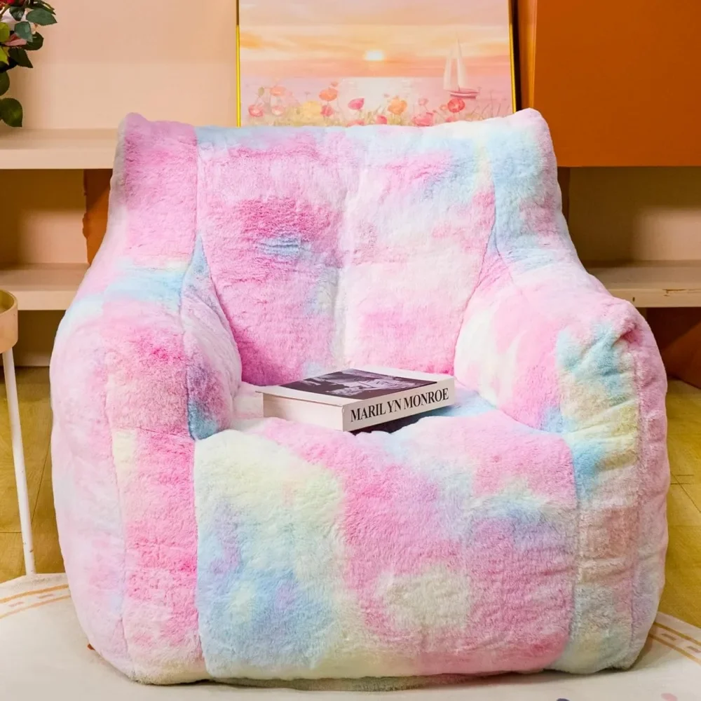 37 inch colorful giant bean bag, covered with artificial fur and sponge filling, pink, with handrails, bedroom, dormitory