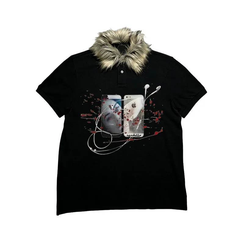 Senhoras inverno nova moda harajuku rua na moda impresso gola peluda manga curta combinação camiseta gótico y2k roupas