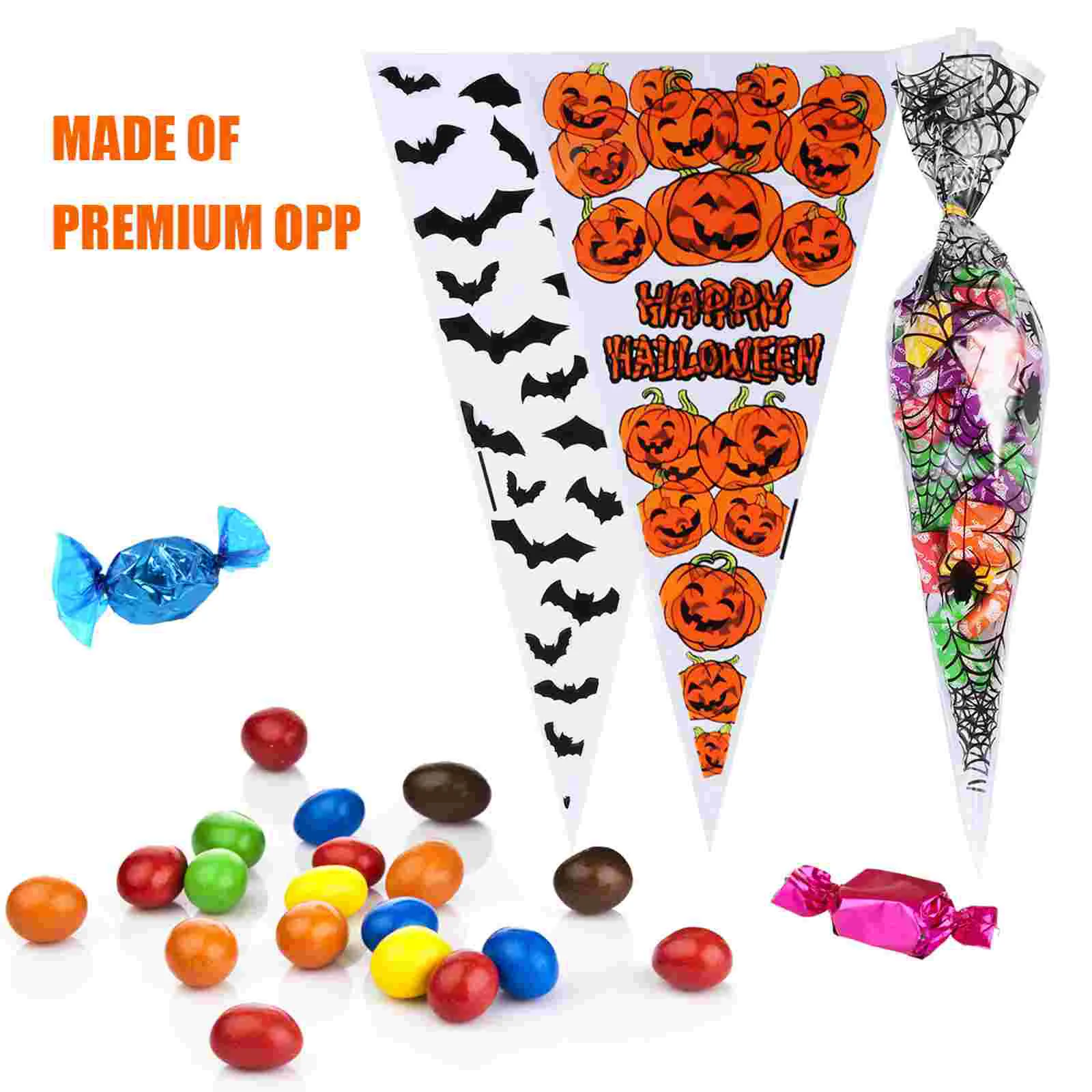 300 Pcs Halloween Triangle Candy Bag Treat Bags Clear Wrapping for Presents Cone Shaped Snack Goodie Ice Cream