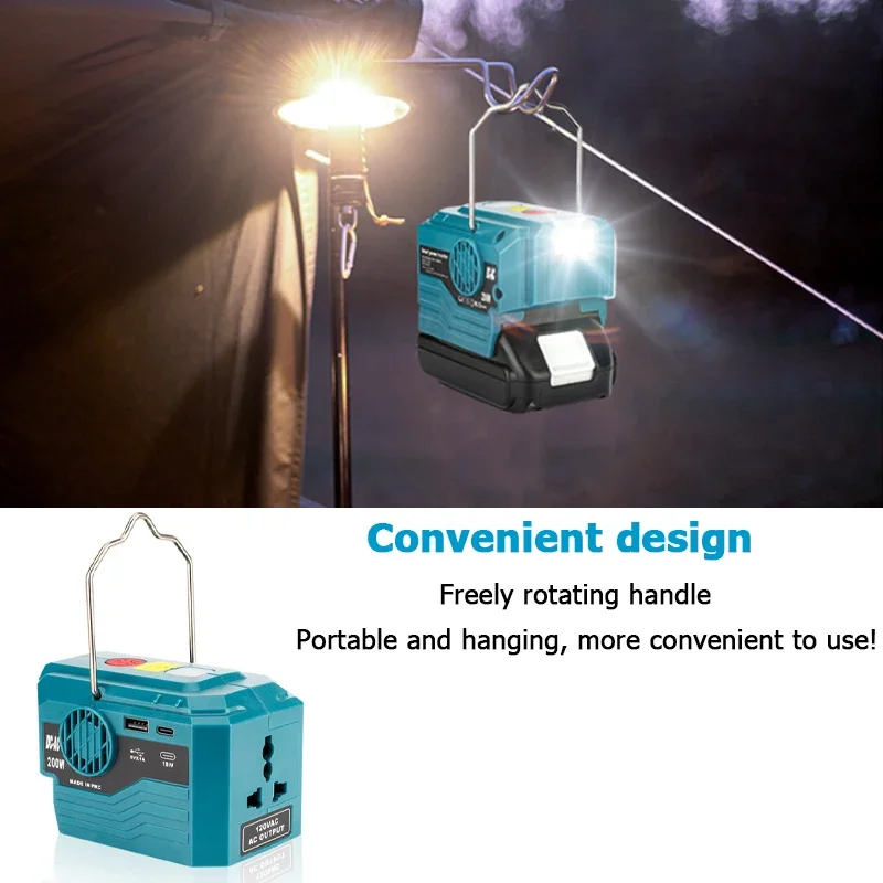 200W Portable Power Inverter 120V/220V Compatible For Makita 18V Lithium Battery with AC Outlet and USB Type-C 280LM LED Light