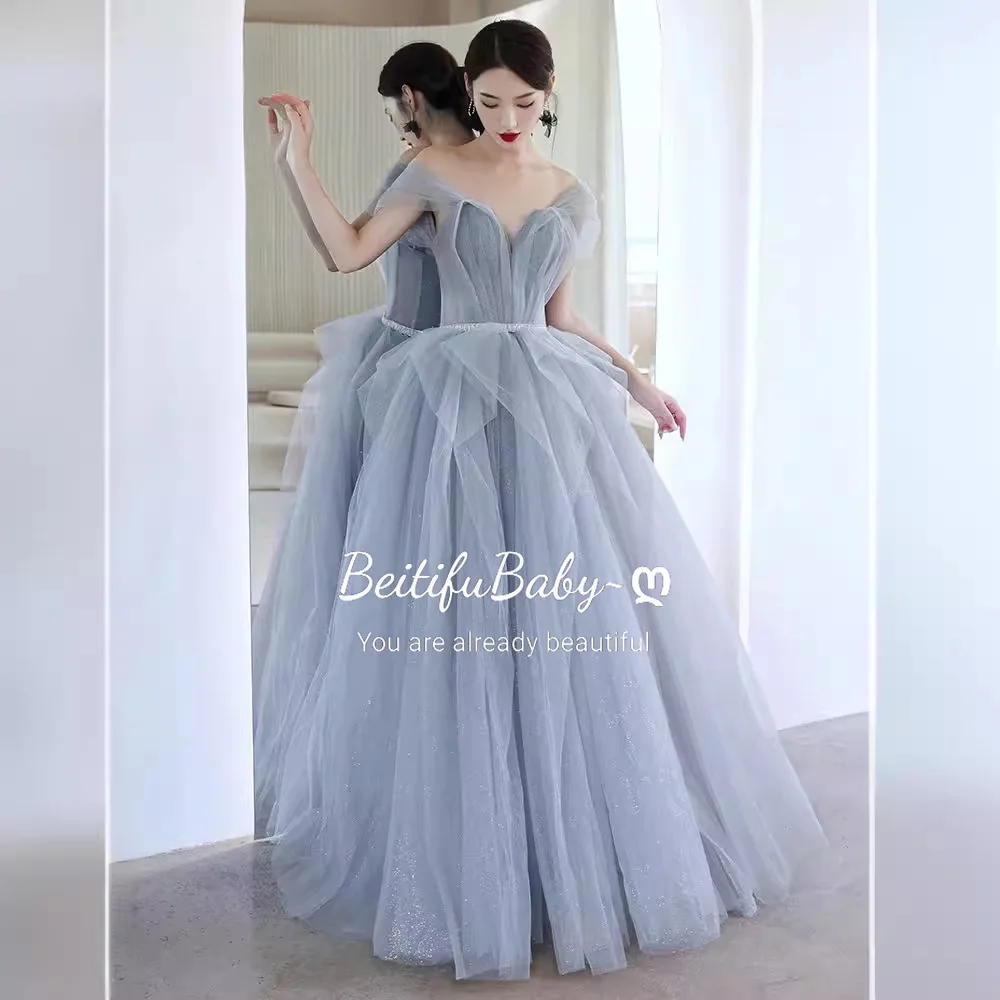 

BeitifuBaby Light Luxury Evening Dress for Women Elegant Strapless Off The Shoulder Sleeveless Ball Gown Banquet Party Dresses