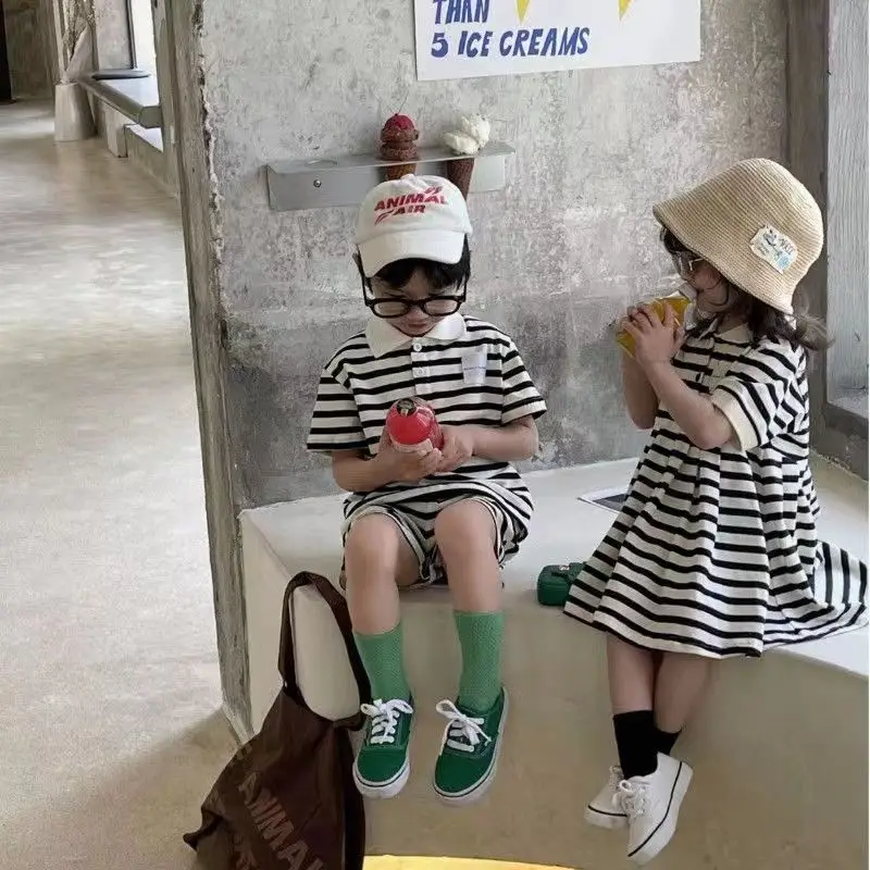 Brother Sister Suit Kids Stripe Set Boys Polo Style Suit+Girls Princess Dress Children 2-7 Years Family Outing Leisure Clothes