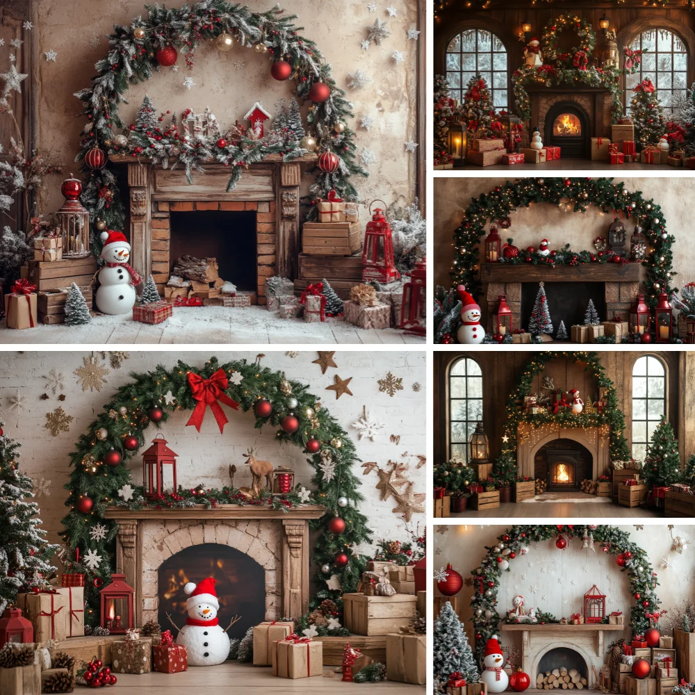 

Photography Background Bow Christmas Indoor Fireplace Brick Wall Xmas Tree Kids Family Portrait Decor Backdrop Photo Studio