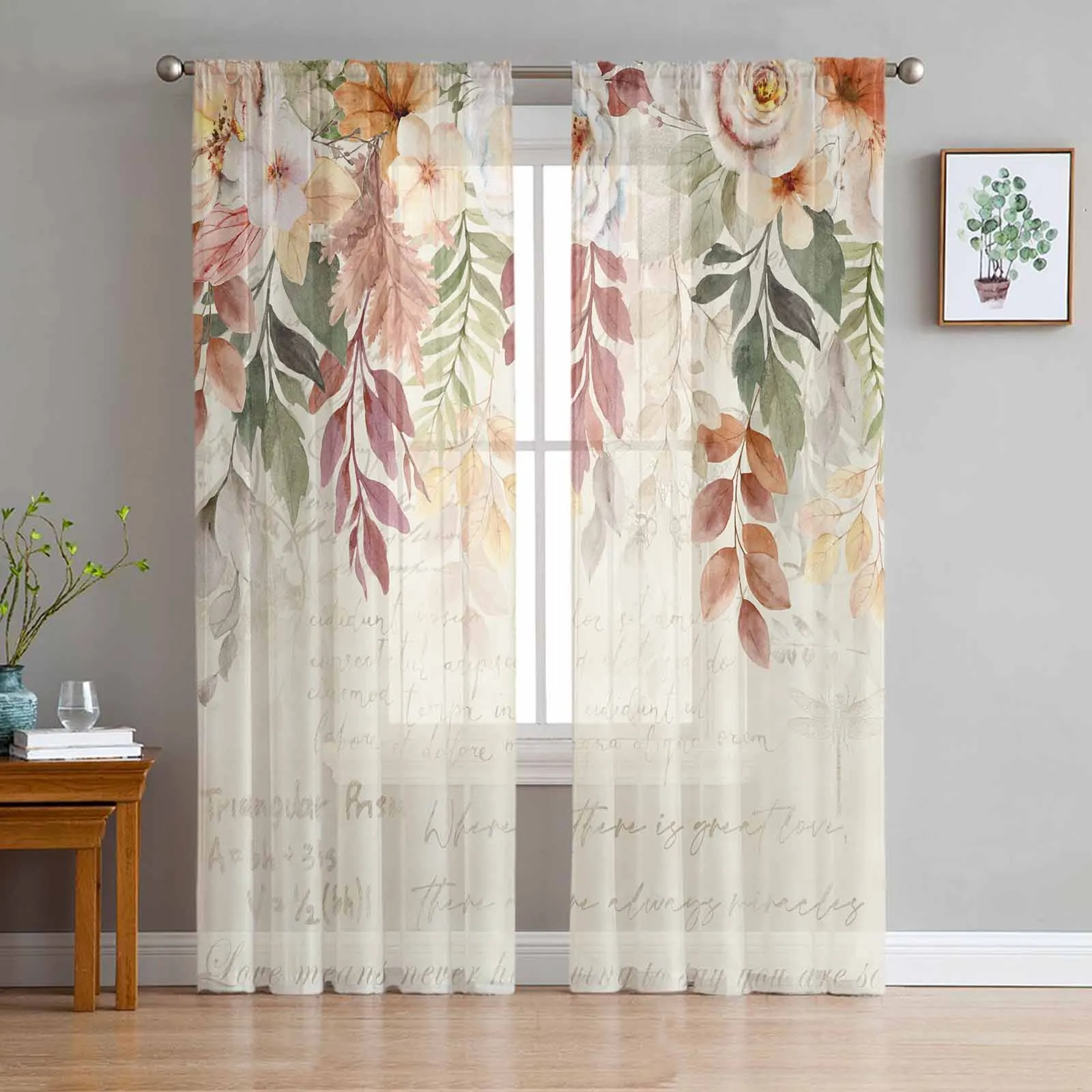 

Thanksgiving Leaves Flower Beige Letter Curtains Living Room Bedroom Kitchen Decoration Window Voiles Organza Tulle Curtain