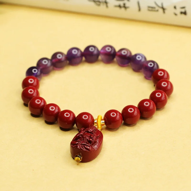 

Браслет из девяти фиолетовых камней: аметист, циннабар, знаки зодиака, Будда Бэньмин