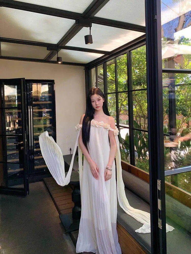 

Summer New Design Pure Desire Wind 3D Flower One Shoulder Long Dress Women's Holiday Style A-Line Skirt High Waist Maxi Dress
