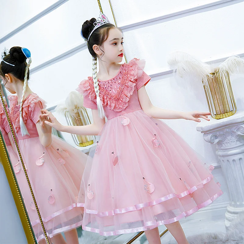 

For Dress Princess Summer Girl 2023 New Casual O-Neck Short Sleeve Floral Sequined Ball Gown Knee-Length Kids Clothes 110-160