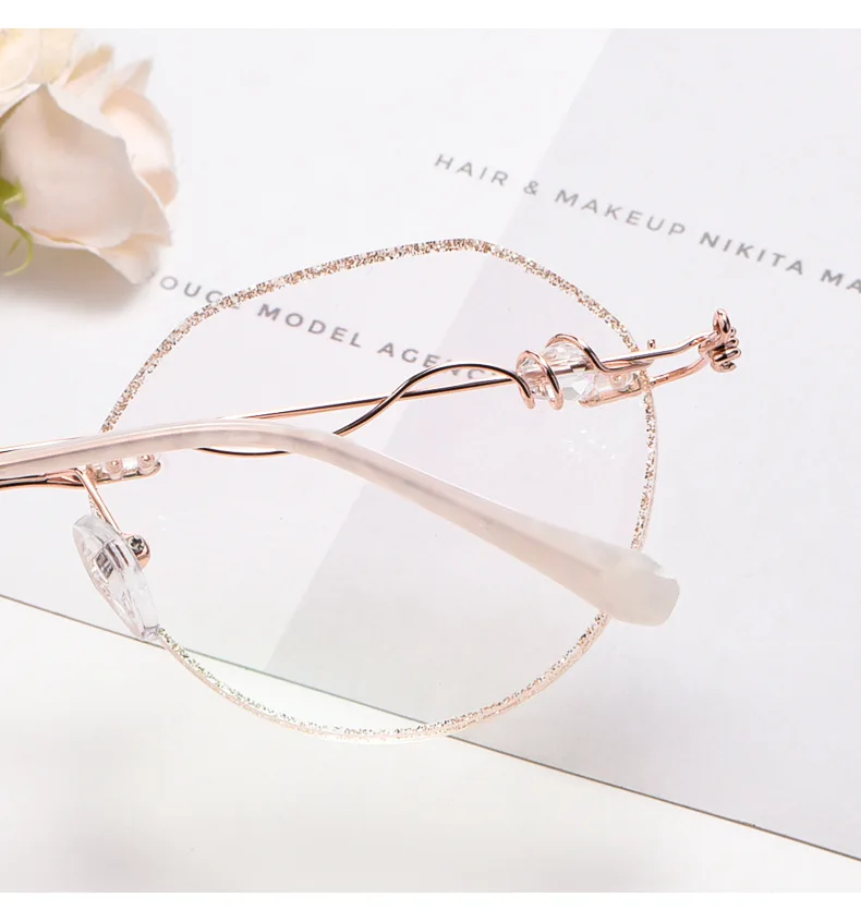 Rimless Glasses Anti-blue Ray Trimming Women Diamond Glow Optician Metal Polygon Optical Glasses