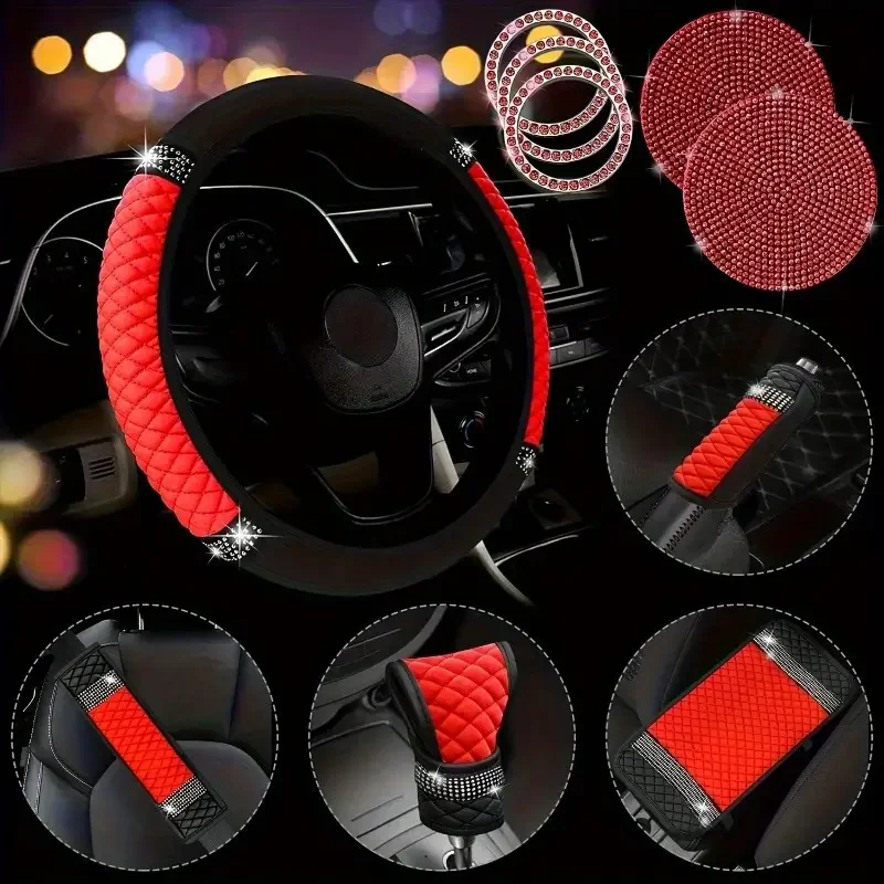 10pcs Sparkling Faux Diamond PU Leather Car Accessories Set Including Steering Wheel Cover, Center Console Armrest Pad