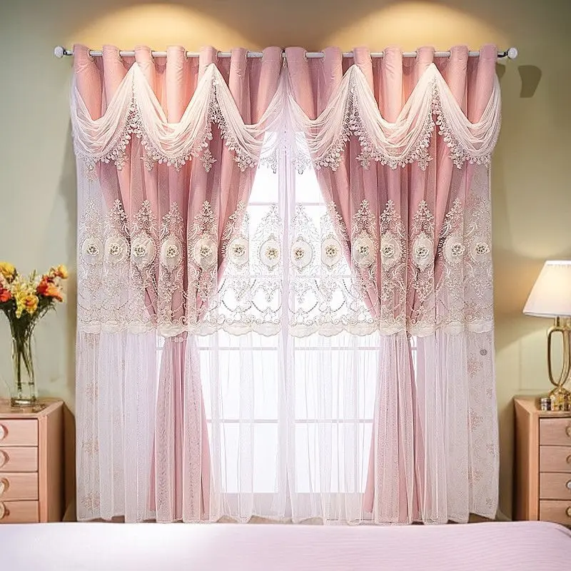 New European Style Double Layered Curtain Relief Embroidered Sheer Curtain Plus Cloth Curtain for Living Room and Bedroom