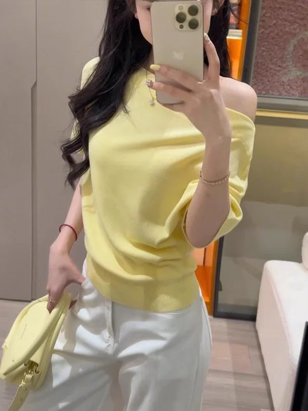 

Yellow Dopne oulder Ice Silk Knitted Top Women's Summer Slimming Versatile ort Sve Sweet Sle Regular Fit Knitwear