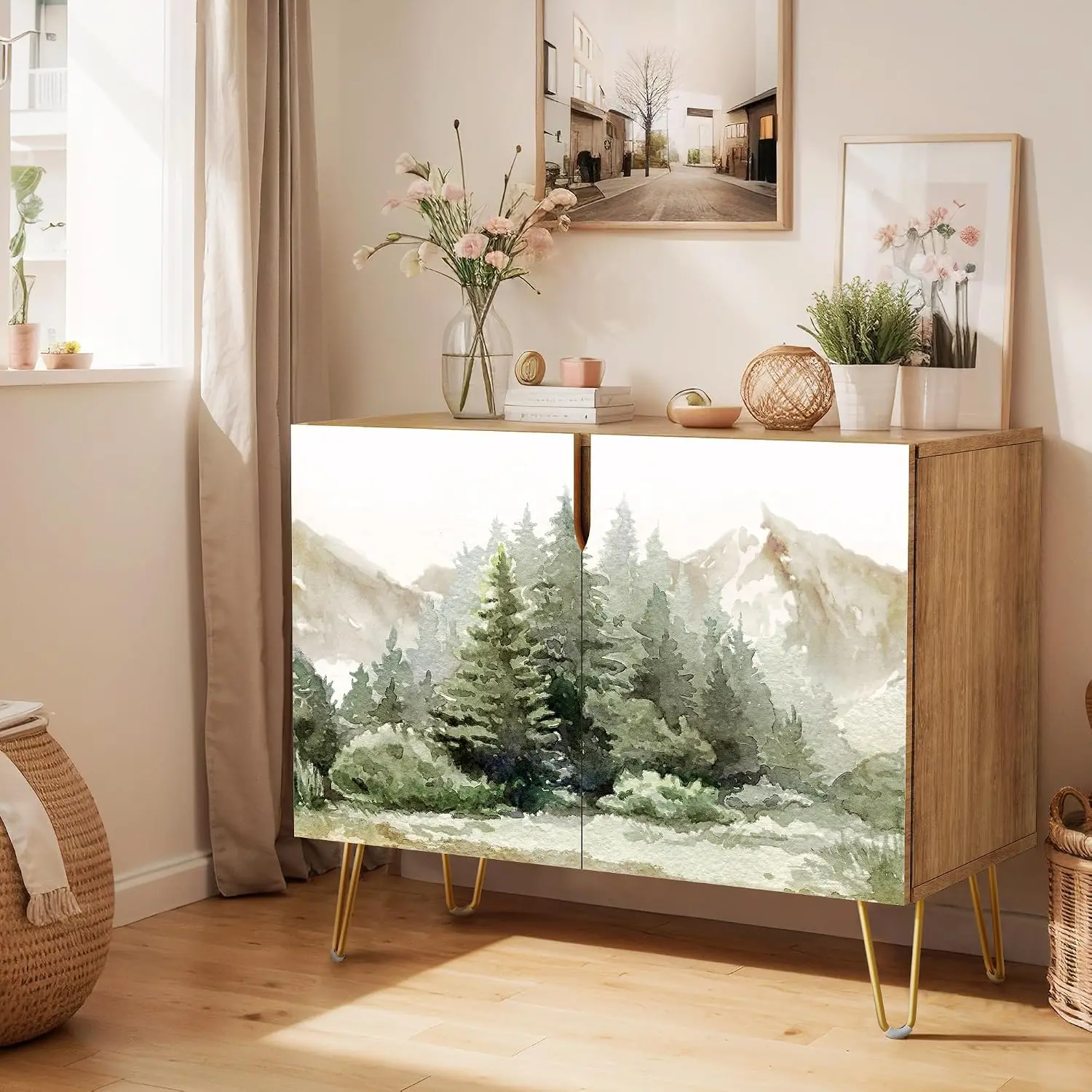 Sideboard Cabinet 2 Doors Pine Tree Forest Print Kitchen Dining Storage Console 35