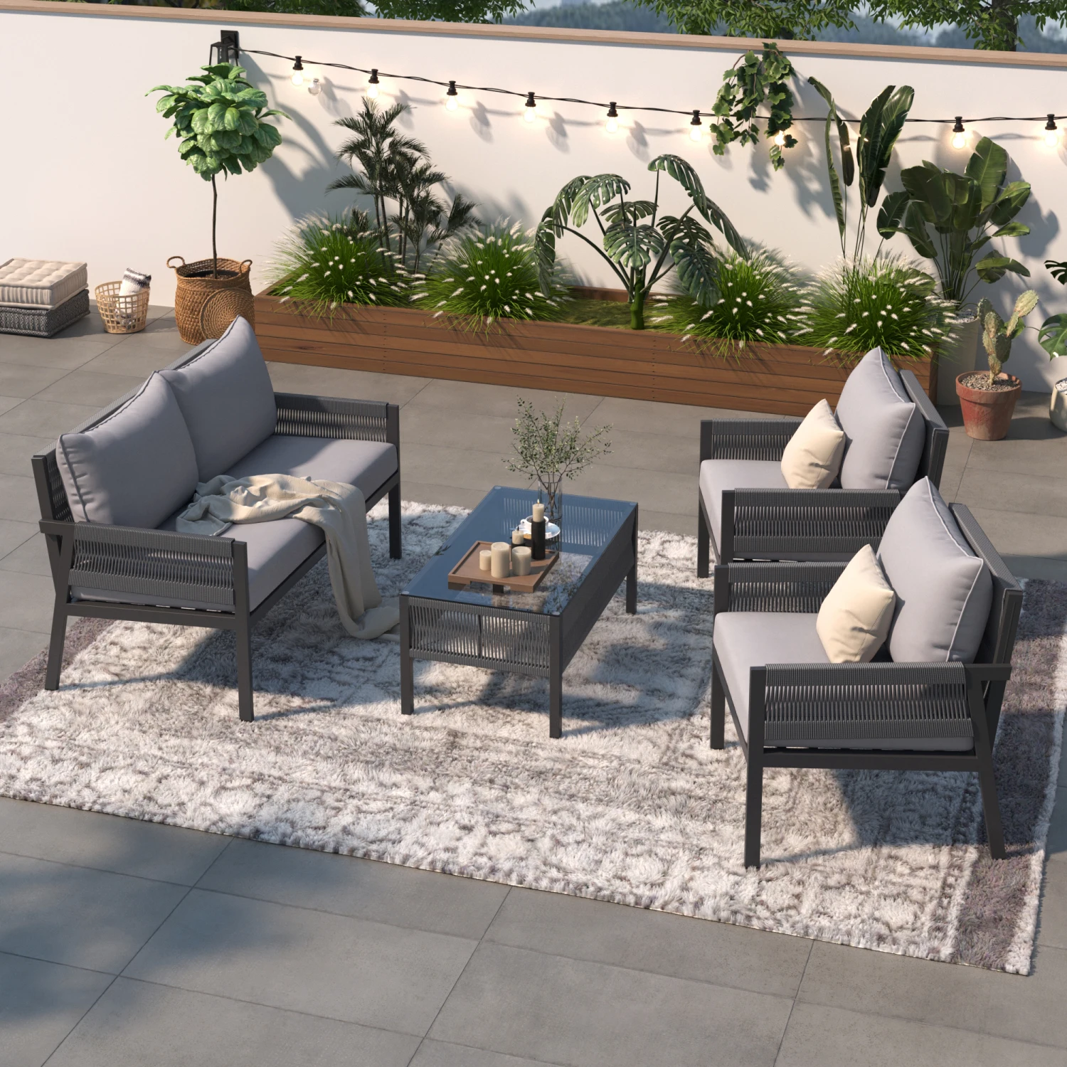 K&K 4-Piece Outdoor Patio Furniture Set with Tempered Glass Table and Thick Cushion - Grey