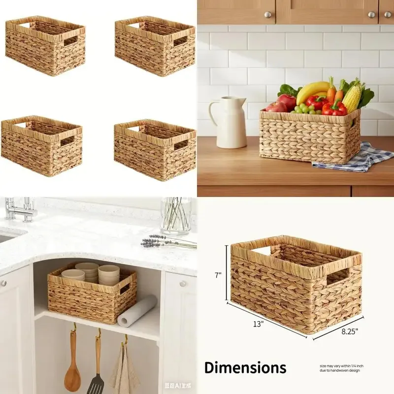 

4-Pack Water Hyacinth Storage Baskets with Handles, Handwoven Wicker Organizer Set for Bathroom, Kitchen, Pantry, Bedroom