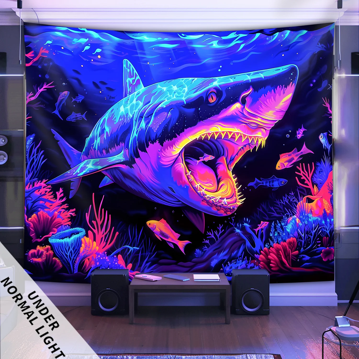 Neon Shark Wall Tapestry Psychedelic Ocean Art Blacklight Glow Room Decor Vibrant Underwater Scene Boho Home Decoration