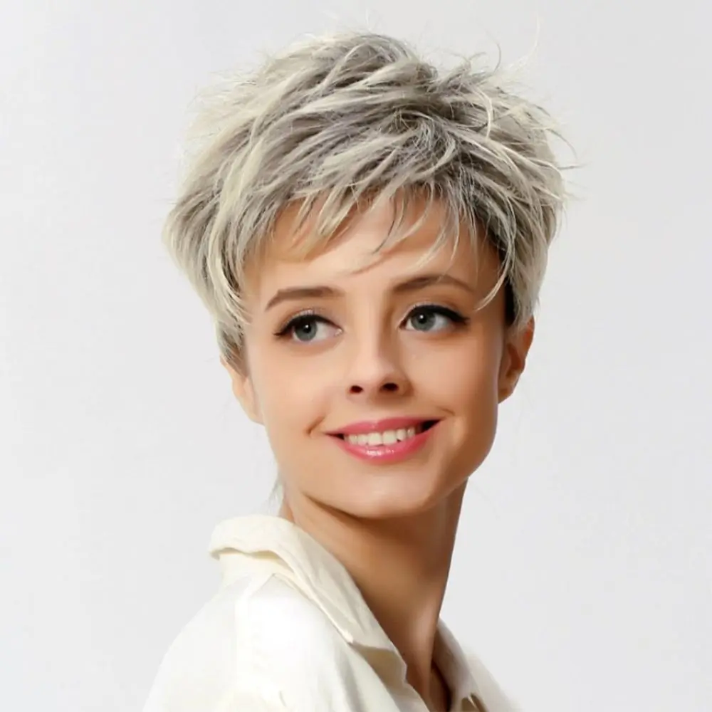 

Women Pixie Short Straight Hair Silver Gray Angled Bangs Fluffy Fiber Synthetic Wigs Pelucas Hair Daily Party Use