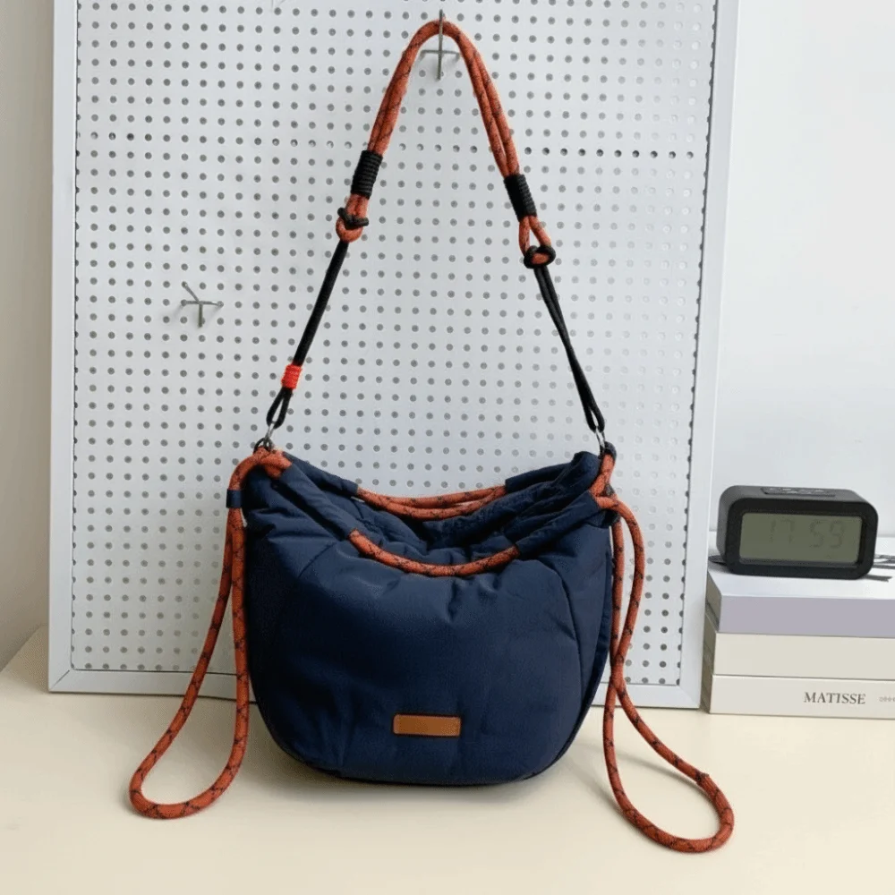Versatile Contrast Color Drawstring Shoulder Bag Webbing Large Capacity Tote Bag Korean Style Multi-pocket Handbag Commute