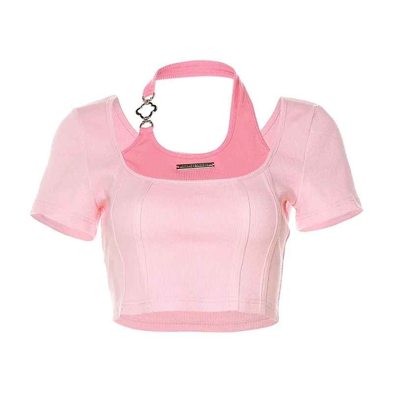 달콤하고 매콤한 스타일 반팔 티셔츠 여성 여름 상큼한 숏 기장 배꼽 노출 탑 라운드 넥 출퇴근 한국 버전