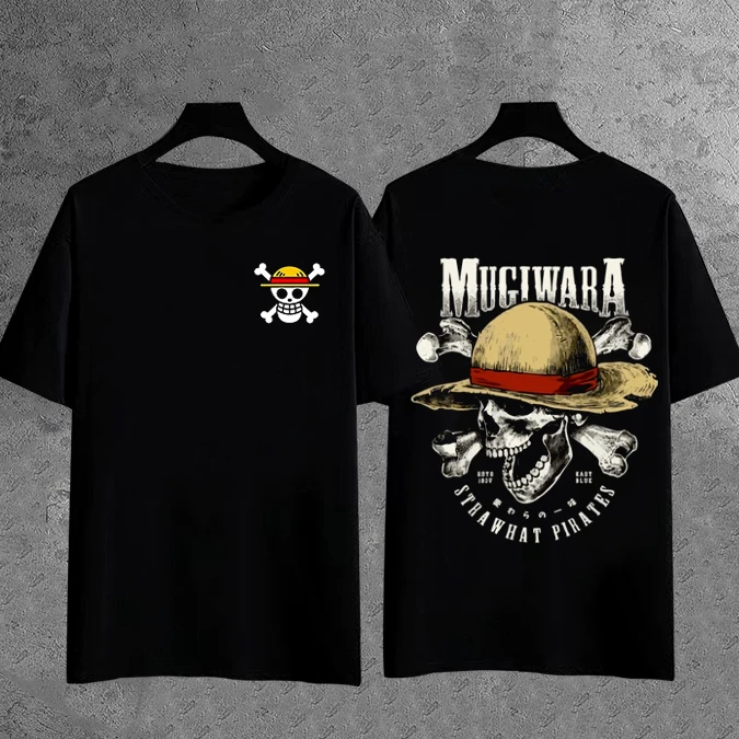 OnePiece Luffy Character Letter Printed T-shirt Men's Street Style Front and Back Printed Anime Short Sleeve