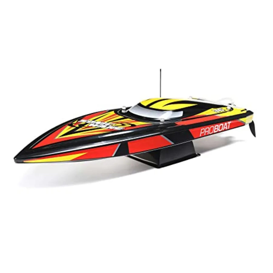 

RC boat for outdoor water use, deep-V hull, black ABS plastic, self-righting and brushless motor for high speed and stability