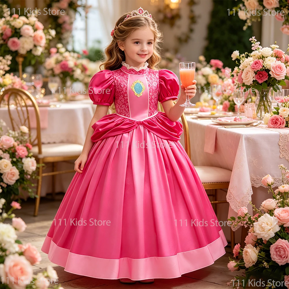 

Elegant Princess Peach Evening Dress Girls Summer Long Dress Birthday Gown Cartoon Super bro Cosplay Costume Kids Perform Dress