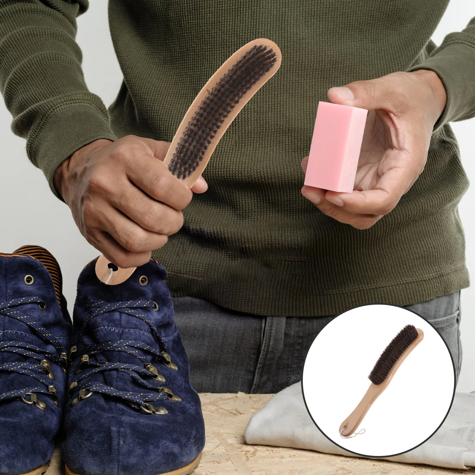 Cepillo de madera para zapatos con mango largo, cerdas suaves, cepillo de limpieza para zapatillas, suministros de limpieza del hogar, limpiador de suelas de pulido para zapatillas de deporte