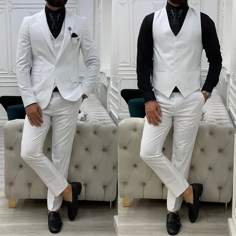 Elegant 3 Piece Jacket Pants Vest Full Sets Single Breasted Peak Lapel Custom Blazer Wedding Groomsmen Men's Suits Blazer