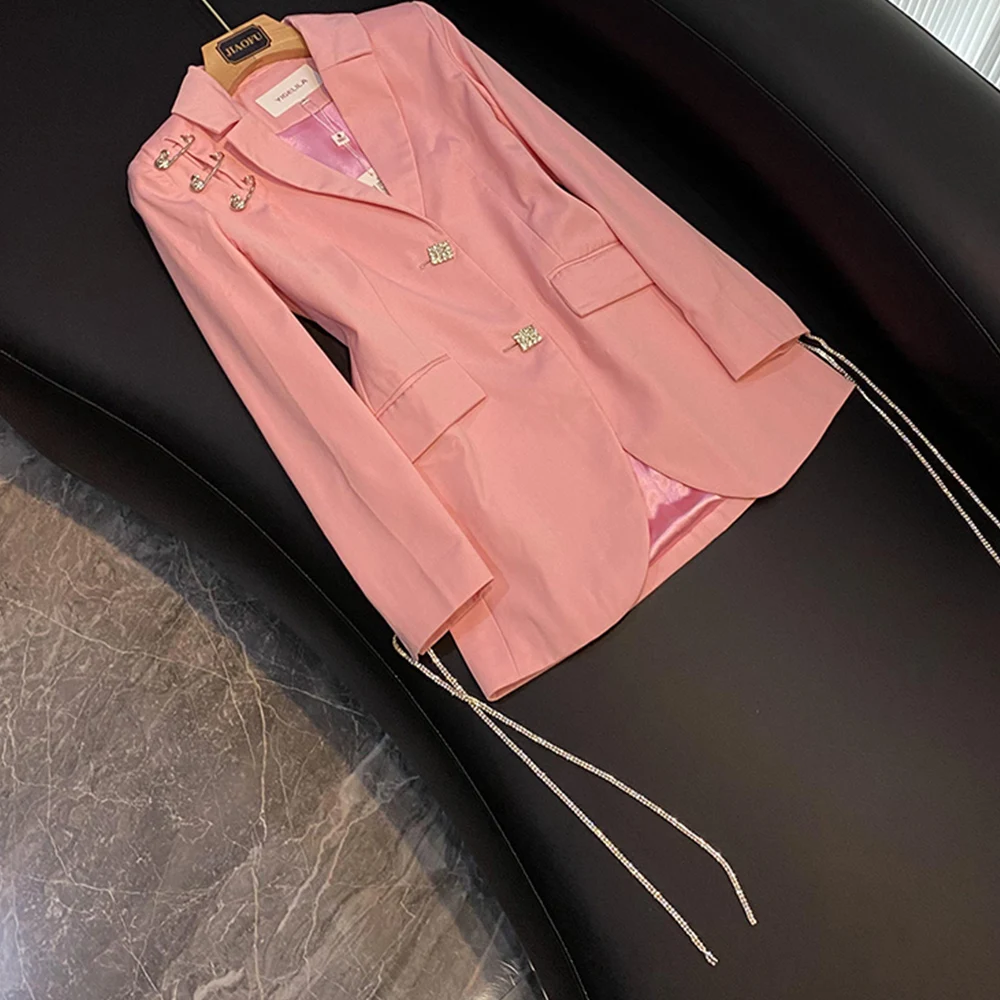 Single Breasted Pin Rhinestone Bandage Sleeve New Design Bling Party Fashion Pink Women High Qulity Blazer