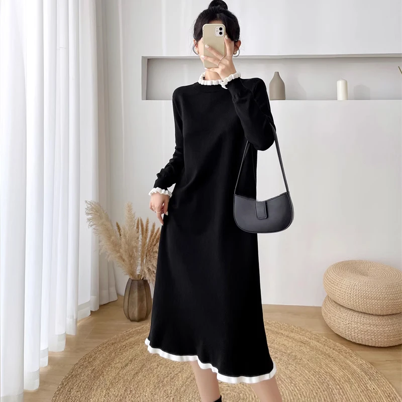 

Women Ruffled Half High Collar Sweet Sweater Dress 2023 New Fashion Temperament Long Sleeve A-Line Gentle Wind Knitted Dress