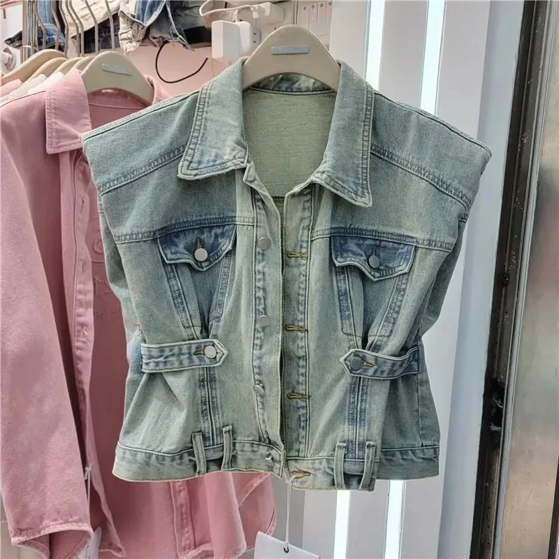 

Jean Vest for Women Summer New Fashion Slim Waist Denim Vests Female Clothes Sleeveless Single-Breasted Waistcoat Chaleco Mujer