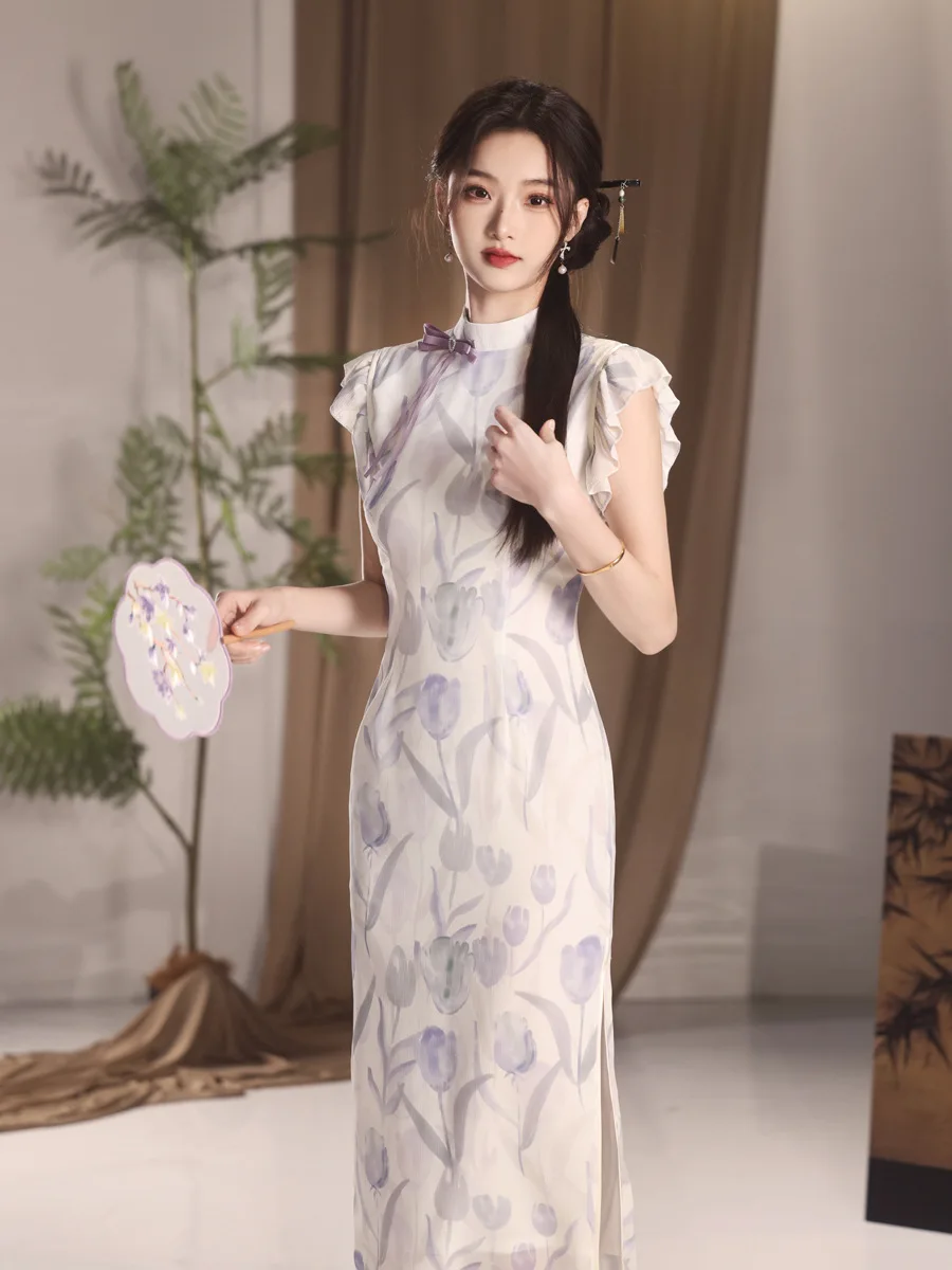 New Chinese Style Young Chiffon Tulip Printed Cheongsam High-end Exquisite Evening Dress Qipao