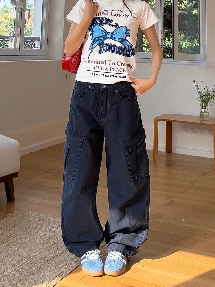

American Retro Workwear Denim Pants Men's Loose Straight Leg Multi-ket Spring Autumn High Street Design Slimming Wide Leg