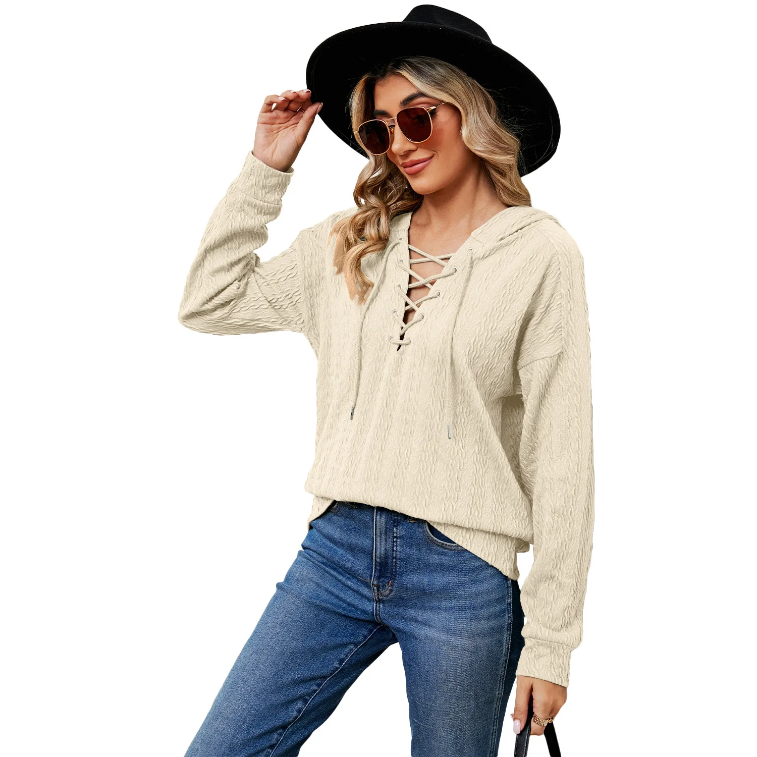 italian design women's solid hooded hoodie women 2024 autumn and winter new neckline lace-up long-sleeved blouse