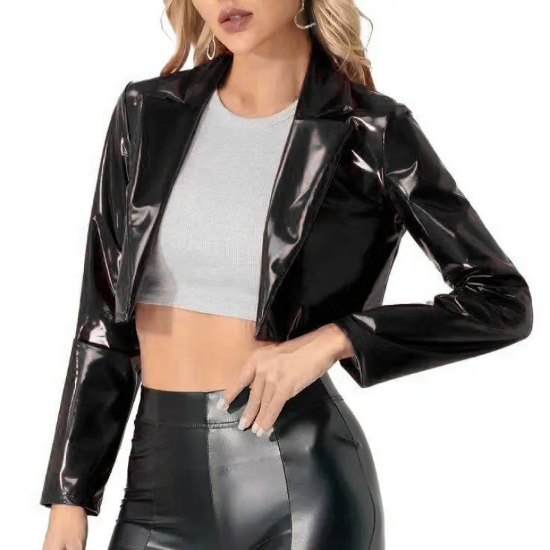 Dames glanzend leren jack wetlook blazer met revers korte jas latex leer lange mouw cropped jas rave party clubwear