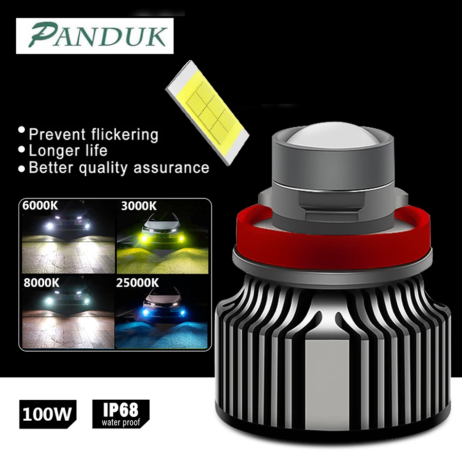 PANDUK H8 H7 H11 9005 HB3 9006 HB4 Car LED Canbus Powerful Fog Light Bulbs 3000K 6000K 8000K 100W 12V Lens Fog Lamp Bulb